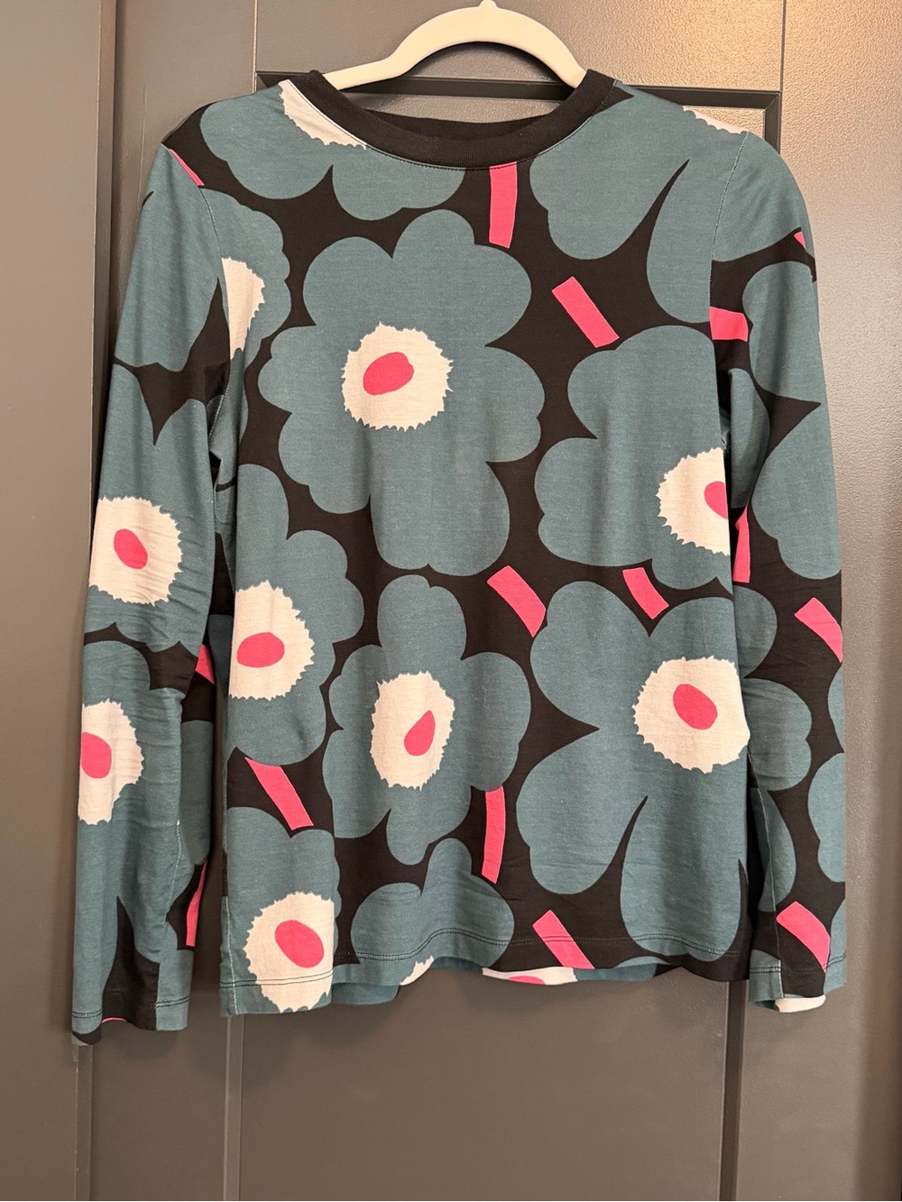 $225 Marimekko Unikko Teal Pink Floral Long-Sleeve Top S